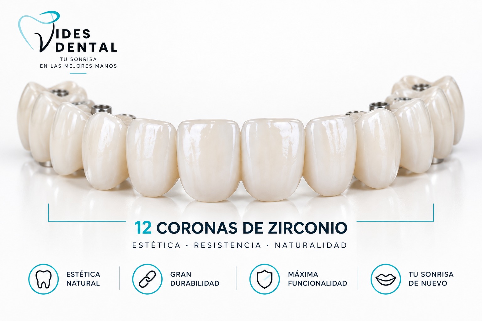 Infografía de 12 Coronas de Zirconio en Vides Dental: Estética, Resistencia y Naturalidad